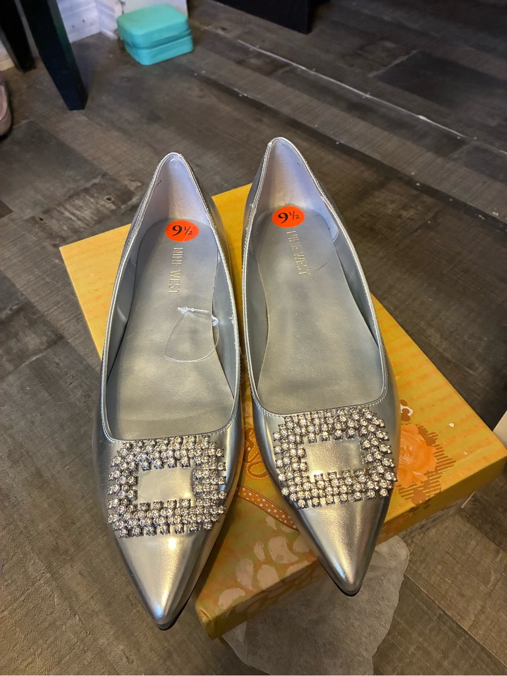 Nine West Silver Pointed-Toe Crystal Buckle Flats